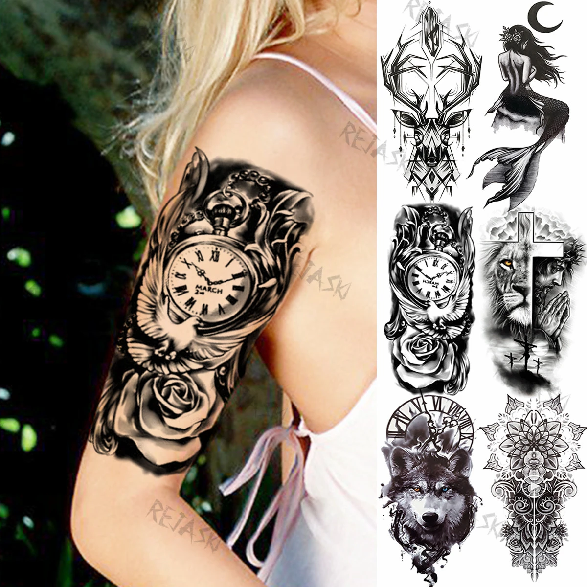 Tatouage Colombe Bras Femme Tatouages Temporaires En Forme De Fleur De Colombe, Horloge, Pour Femmes,  Hommes, Bois, Sirène, Loup, Croix, Faux Tatouage, Autocollant D'art  Corporel, Étanche - Tatouages Éphémères - AliExpress