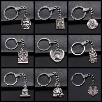 

Factory Price Buddhism Buddha Pendant Key Ring Metal Chain Antique Silver Color Men Car Gift Souvenirs Keychain Dropshipping
