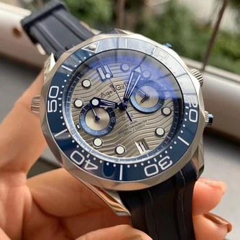 

Luxury Brand New Men Japanese Quartz Black Rubber Silver Grey Blue James Bond 007 Blue Ceramic Bezel Sapphire Master Watch 44MM