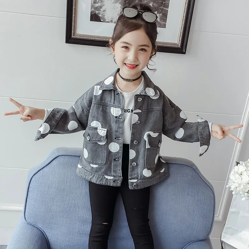 

2020 Autumn New Style Girls Polka Dot Jeans Coat Korean-style Children Short Jacket Fashion