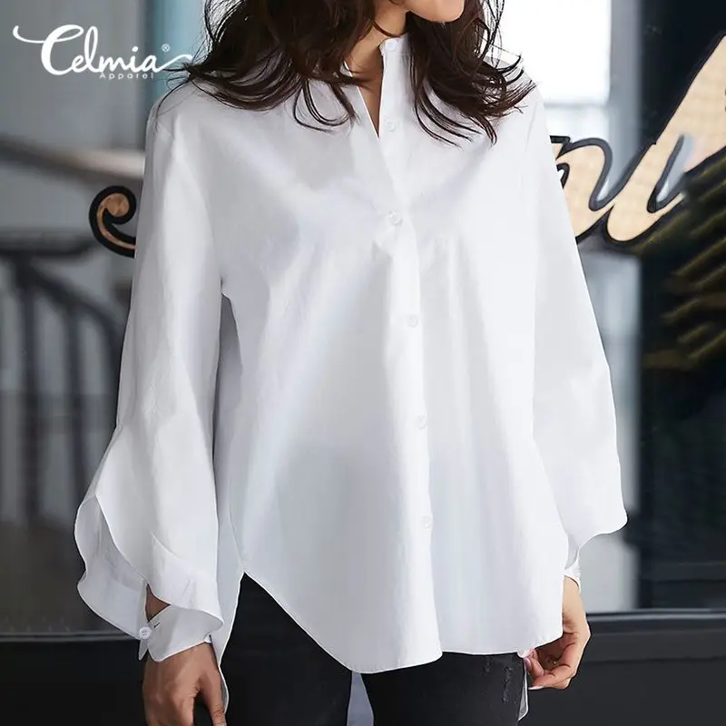 Shirts Blouses Tops Flare-Sleeve Celmia Work-Blusas Long Plus-Size Women Fashion Buttons