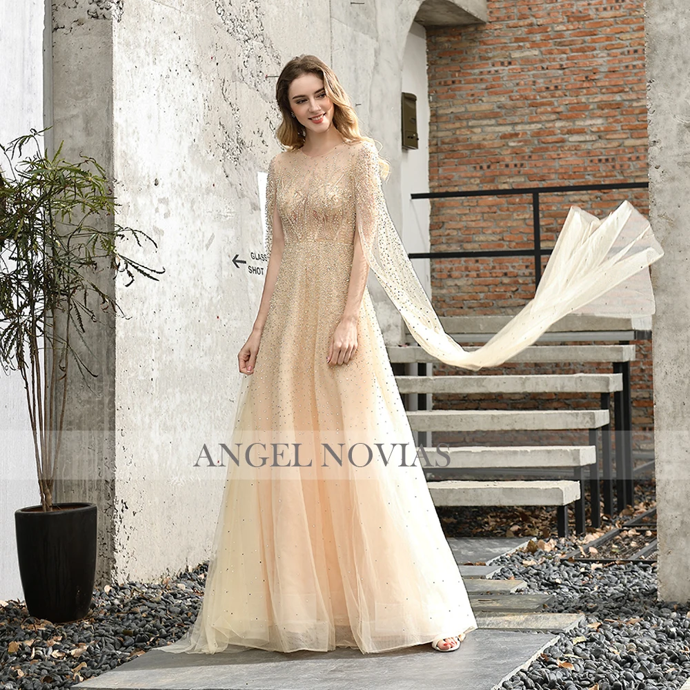 

Grey Champagne New Arrival Heavy Beads Evening Dresses 2020 with Flying Sash Floor Length Formal Vestidos De Fiesta De Noche