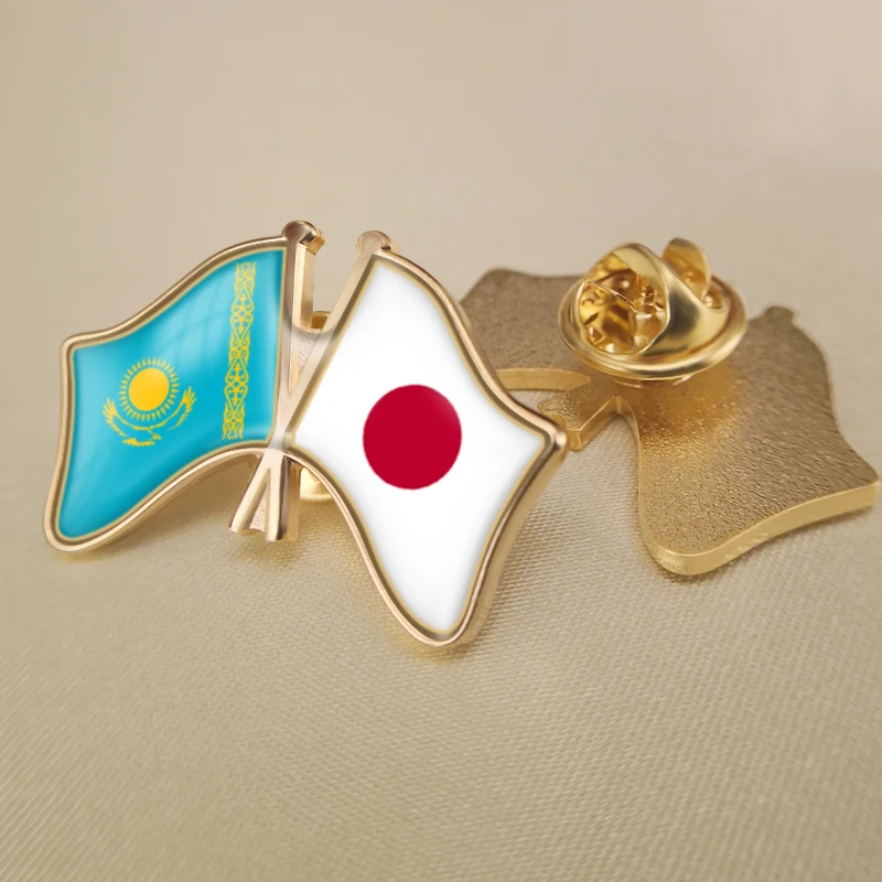 

Kazakhstan and Japan Crossed Double Friendship Flags Lapel Pins Brooch Badges