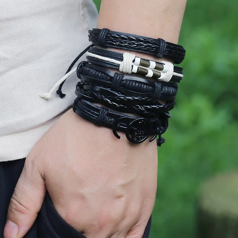 

Vintage Multilayer Leather Bracelet Set for Men Braided Handmade Wrap Bracelets&Bangles Women Hand Strap