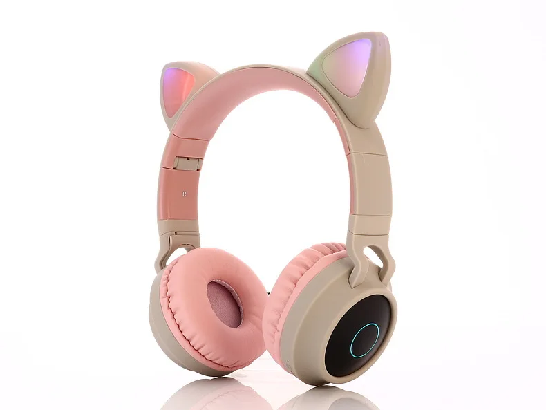 Kids Bluetooth Headset Wireless Music Cute Glowing Led Cat Ear Headphone for Girl Gift Stereo Earphone with Mic for Mobile Phone - Цвет: Khaki no box