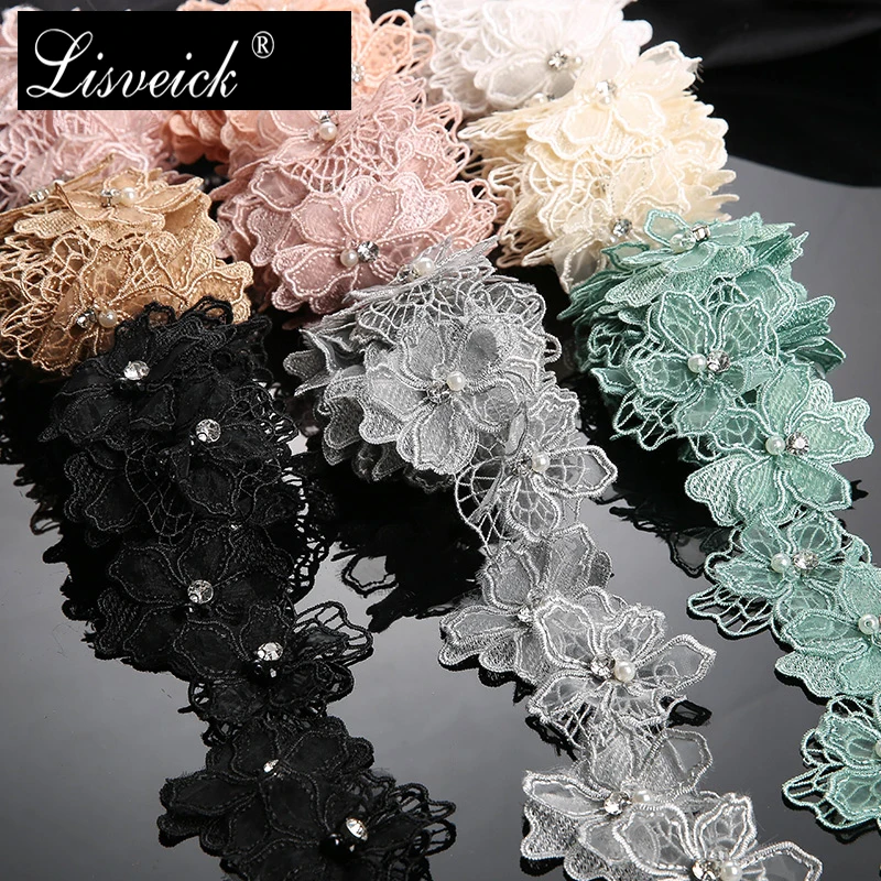 

1yard 6cm rhinestone Beaded 3D Flower Embroidered Lace Edge Trim Ribbon DIY fabric wedding Garment sewing craft Accessories
