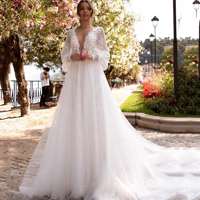 

Stunning Long Puff Lace Sleeve Wedding Dress 2021 Vintage Wedding Gowns Boho Bride Dresses Buttons Back Women Haute Couture