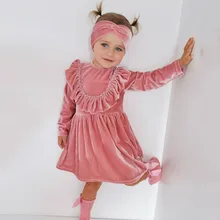 Милое Платье для малышей, детей, зимняя одежда с длинными рукавами, однотонное платье принцессы с оборками для девочек, костюм с повязкой на голову, повседневная одежда для всей семьи