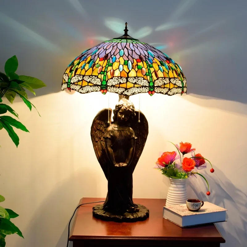 

European style retro luxury Tiffany colored glass Mediterranean Blue Dragonfly art large living room lamp