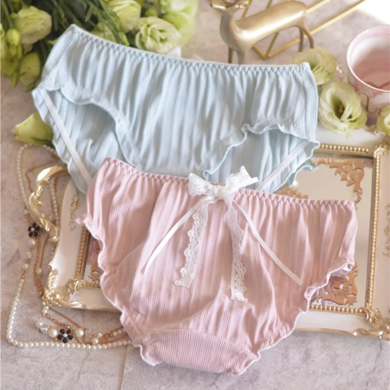 SP&CITY Japan Sweet Big Lace Bow Sexy Panties Women Solid Striped Ruffles Period Underwear Cotton Lingerie Soft Ladies Briefs