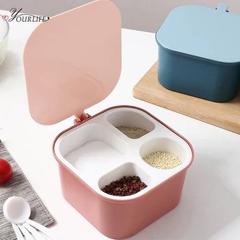 

OYOURLIFE 4 Grid Classification Kitchen Spices Storage Box With Spoon Salt And Pepper Set Spice Container Kitchen Gadgets