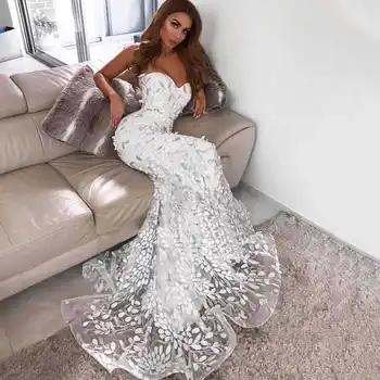 

Women New 2020 White Strapless Lace Rayon Bandage Trumpet Dress Top Quality Evening Party Cute Dress