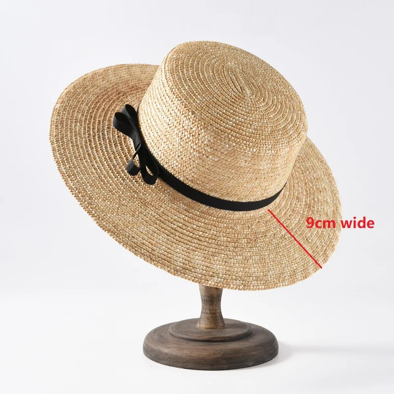 Flat straw hat spring summer ladies 5cm 7cm 9cm wide brim boater hat vacation sunshade beach With black bowknot beach hat,women sun hat