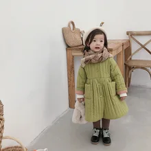 Зима г.; модное стеганое платье принцессы с бантом для девочек; детское однобортное теплое пальто с хлопковой подкладкой; платья