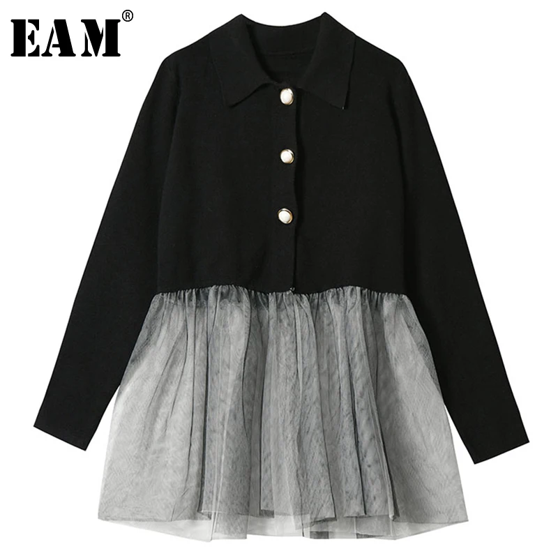 

[EAM] Women Black Hem Mesh Split Joint Knitting Dress New Lapel Long Sleeve Loose Fit Fashion Tide Spring Autumn 2019 1B564