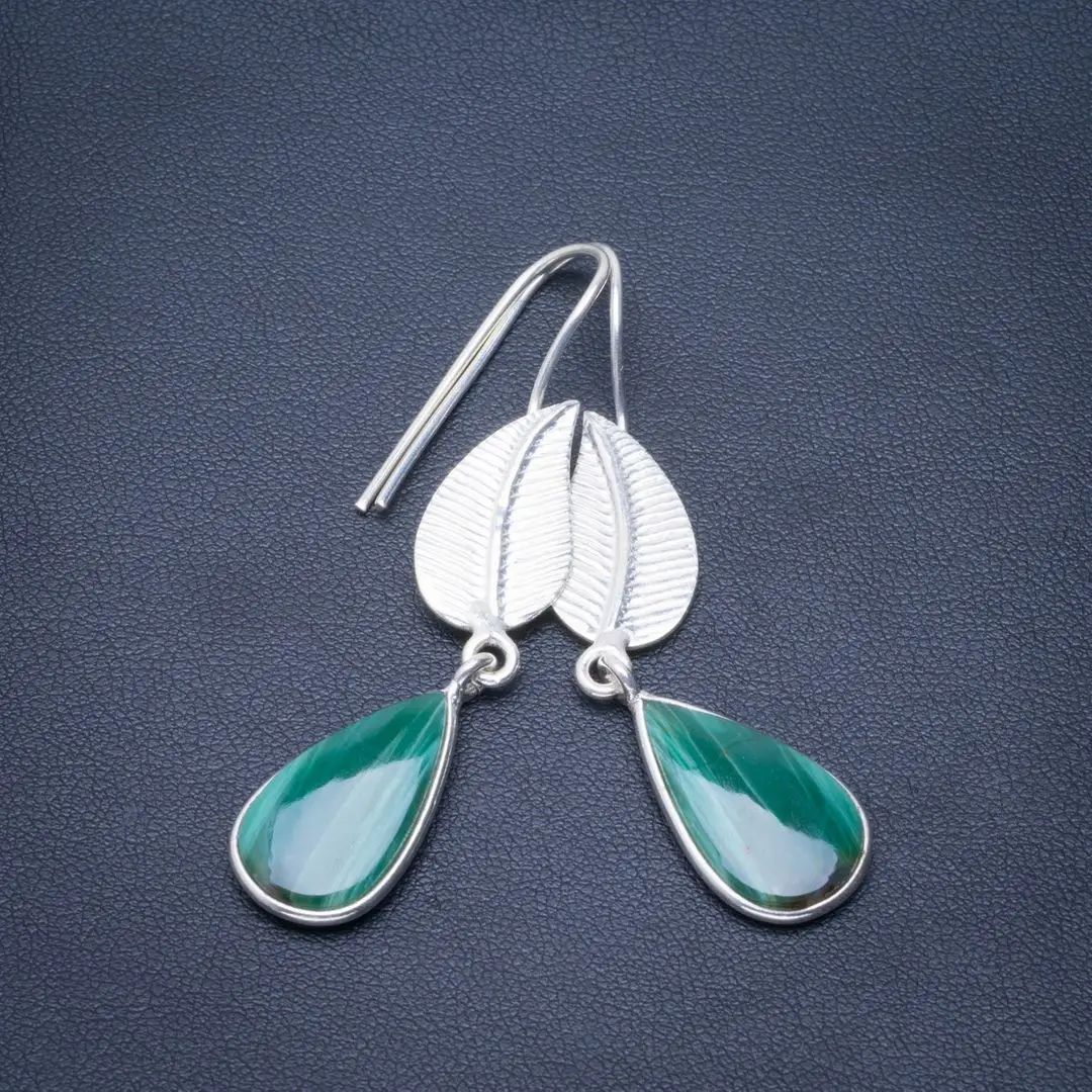 

Natural Malachite Handmade Unique Leaf 925 Sterling Silver Earrings 2.25" B2401