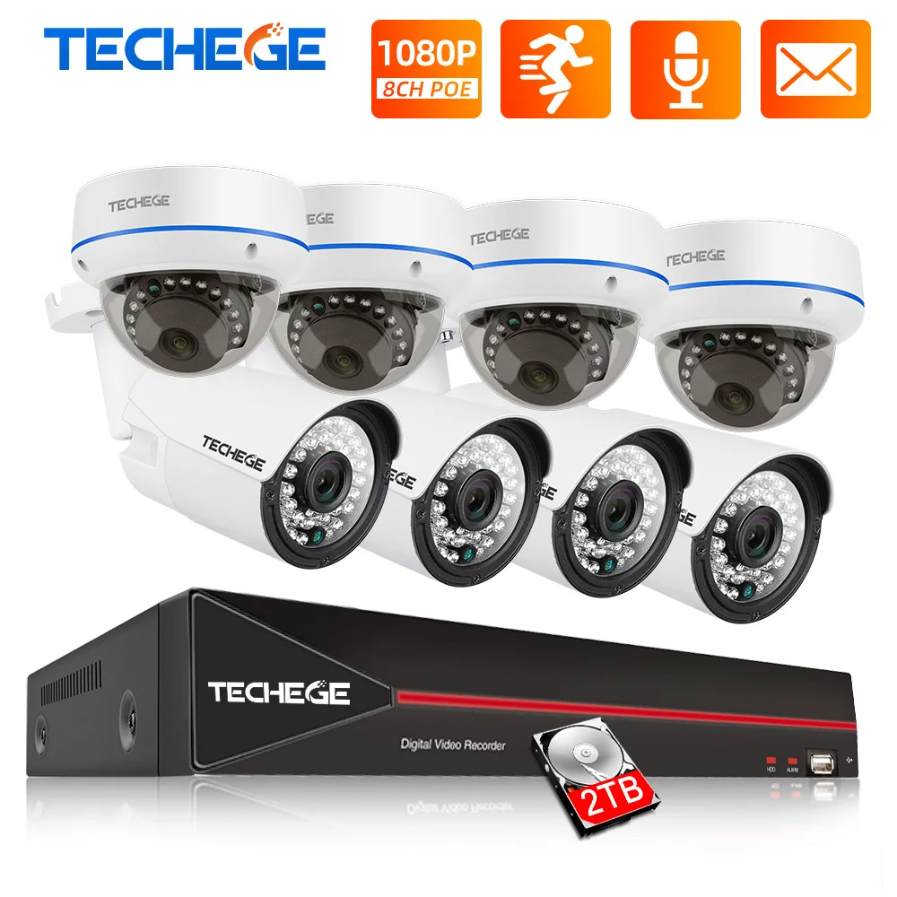 Комплект видеорегистратора Techege 8 каналов 1080P POE 2 МП IP камера H.265 система