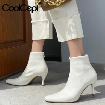 

Coolcept Women High Heel Boots Real Leather Thin Heel Zipper Ankle Boots Women Fashion Sexy Autumn Winter Shoes Size 34-40