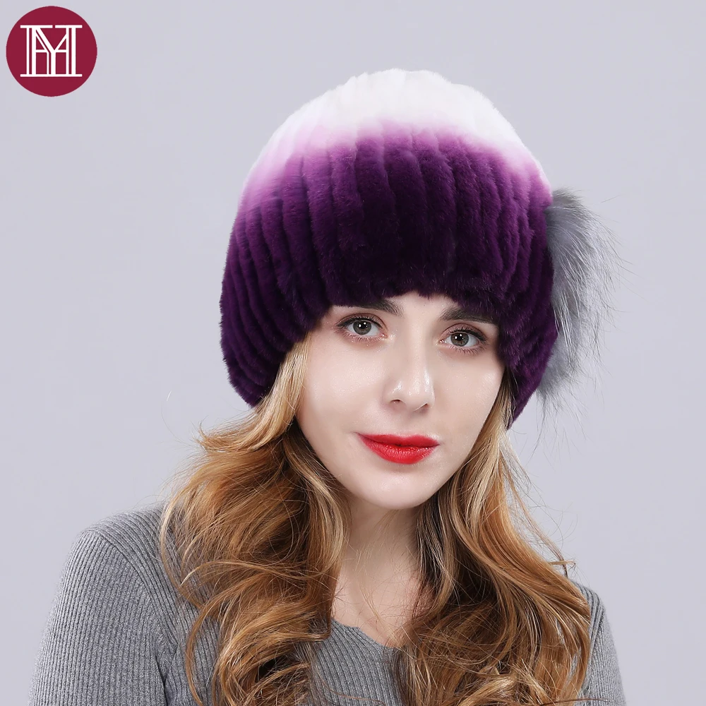 Зимняя теплая меховая шапка женская Настоящий мех кролика шапки лисы меховой цветок натуральный мех шапка ушные новые брендовые модные