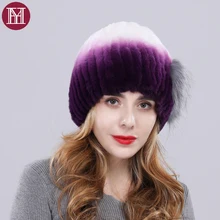 Зимняя теплая меховая шапка женская Настоящий мех кролика шапки лисы меховой цветок натуральный мех шапка ушные новые брендовые модные