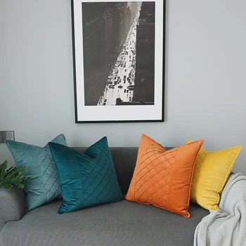 

New Embroidery Plaid Geometric Green Yellow Blue Velvet Cushion Cover Pillow Cover Pillowcase Home Decorative Sofa Throw Pillows