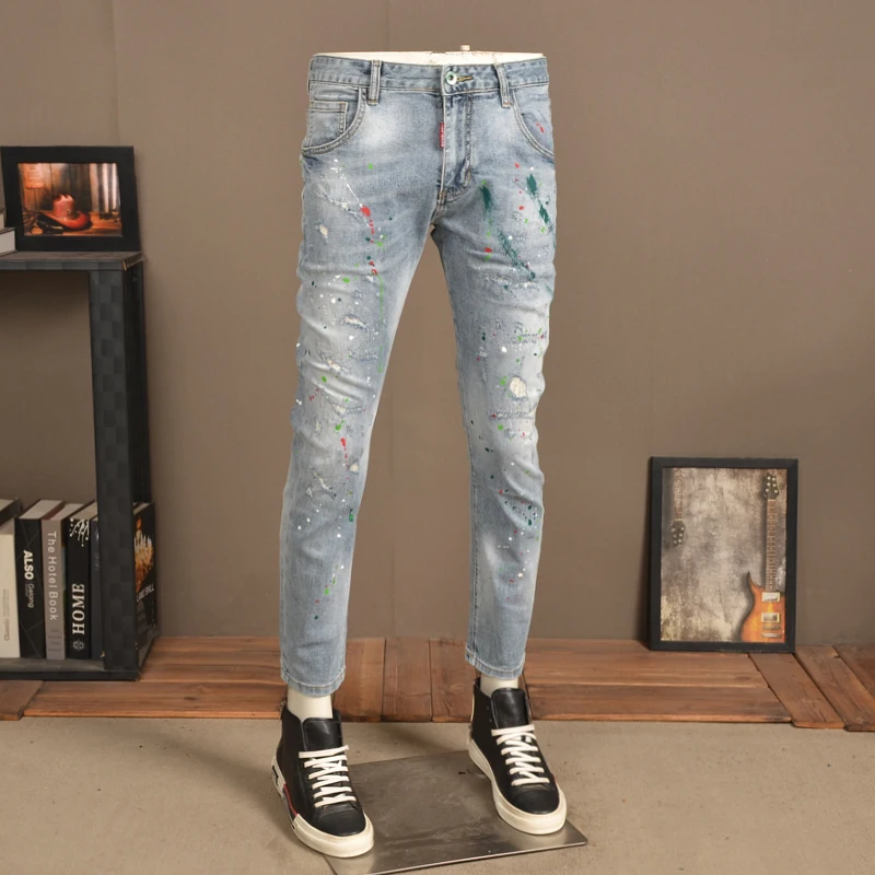 

Men's Ripped Light Blue Jeans Summer Fashion Painting Printed Slim Fit Pants Streetwear Casual Patches Denim Trousers