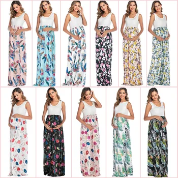 

2020 Women Pregnant Maternity Nursing Floral Breastfeeding Summer Long Dress Sleeveless beach Party clothes for pregnant women