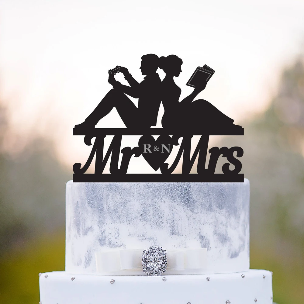 Personalized Game controller book worm wedding cake topper,Gamer wedding book lover cake topper,video game bookish cake topper