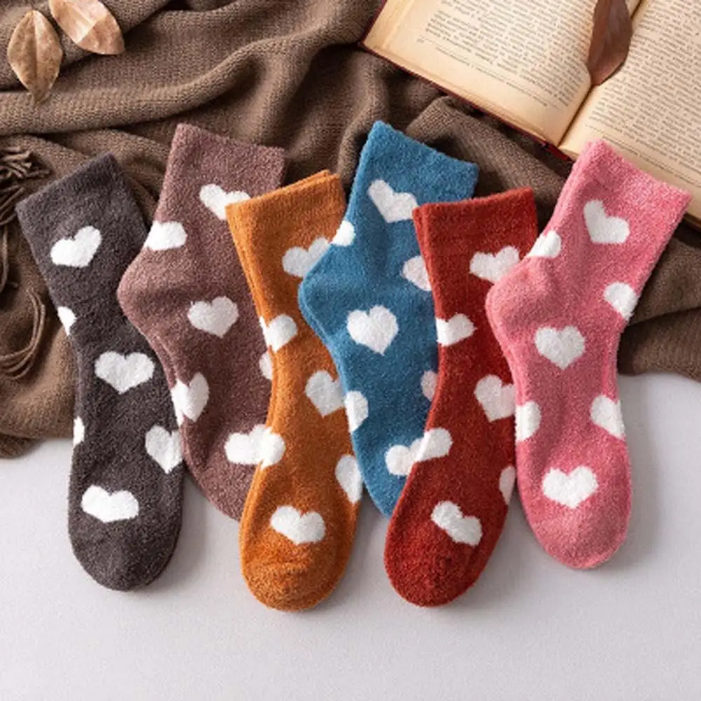 1 пара теплых носков, яркие цвета, плотные носки с сердечками, женские зимние пушистые махровые коралловые флисовые Носки для сна