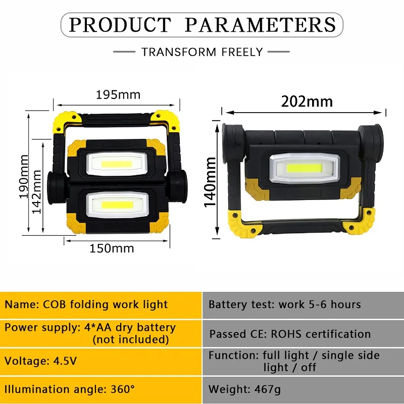 refletor portátil de led lâmpada cob recarregável prova para trabalho de iluminação para local