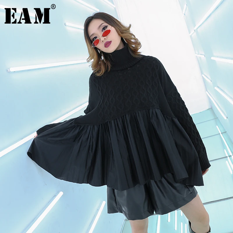 

[EAM] Black Pleated Big Size Knitting Sweater Loose Fit High Collar Long Sleeve Women New Fashion Tide Autumn Winter 2019 1B311