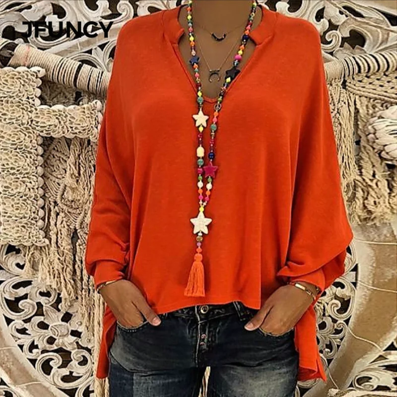 

JFUNCY 4XL 5XL Large Size Women Tops 2019 Spring New Solid Color Loose V-neck Long-sleeved Bat Tee Casual Women Clothing T-shirt