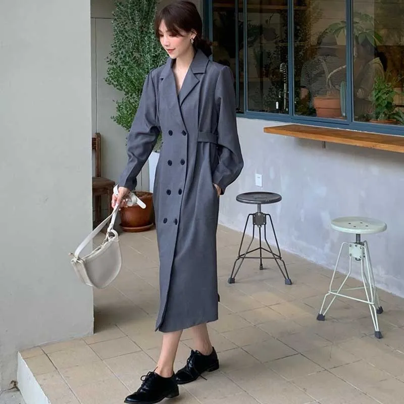One-Piece Overcoat Dresses For Female 2020 Autumn New Korean Slim Double Breasted Waist Long Sleeves Windbreaker Jacket Women
