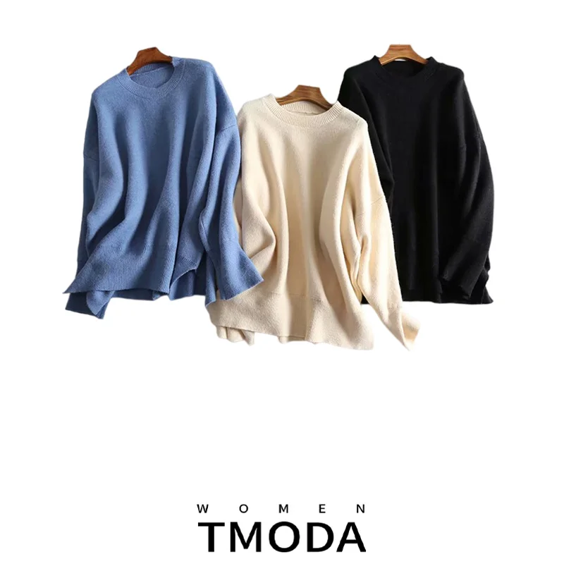 TMODA 2021 New Winter Knit Sweater Women Fashion Pullover Oneck Irregular Long Wide Loose Blue Knitted | Женская одежда