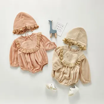 

5017 Baby's One Piece Clothes Princess Linen Baby Girl Bodysuit Lace Hat suit Spring Autumn 0-36M Baby Jumpsuit Rompers