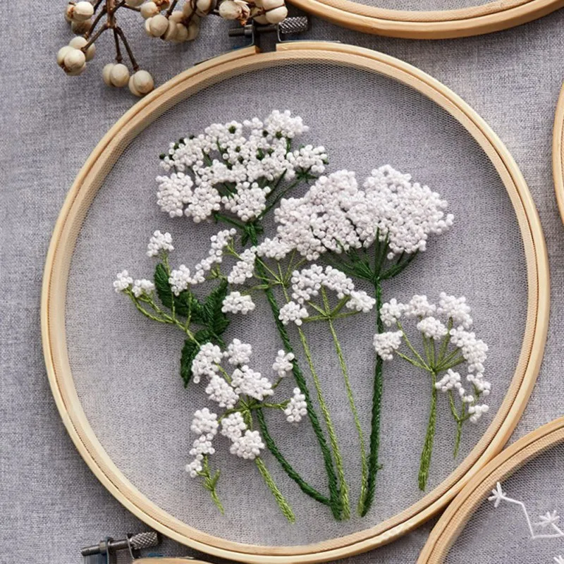Chinese Style Transparent Yarn Embroidery Material Plants Flowers Pattern Cross-stitch Embroidery Sewing Kit Set for Beginners &