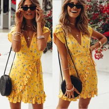 Летние винтажные Цветочные желтые обертывания мини-платье для женщин дамы глубокий v-образный вырез с коротким рукавом и оборками пляжные платья вечернее платье