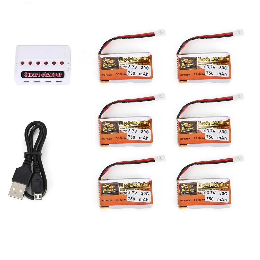 

6Pcs ZOP Power 3.7V 750mAh 1200mah 30C 1S Lipo Battery Rechargeable 6 in 1 Battery USB Charger for RC Racing Drone Helicopter