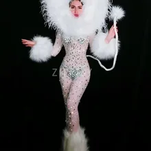 Модный серебряный комбинезон с большими камнями и перьями для женщин, певец, танцевальный бар, наряд со стразами для косплея, наряд для выпускного вечера