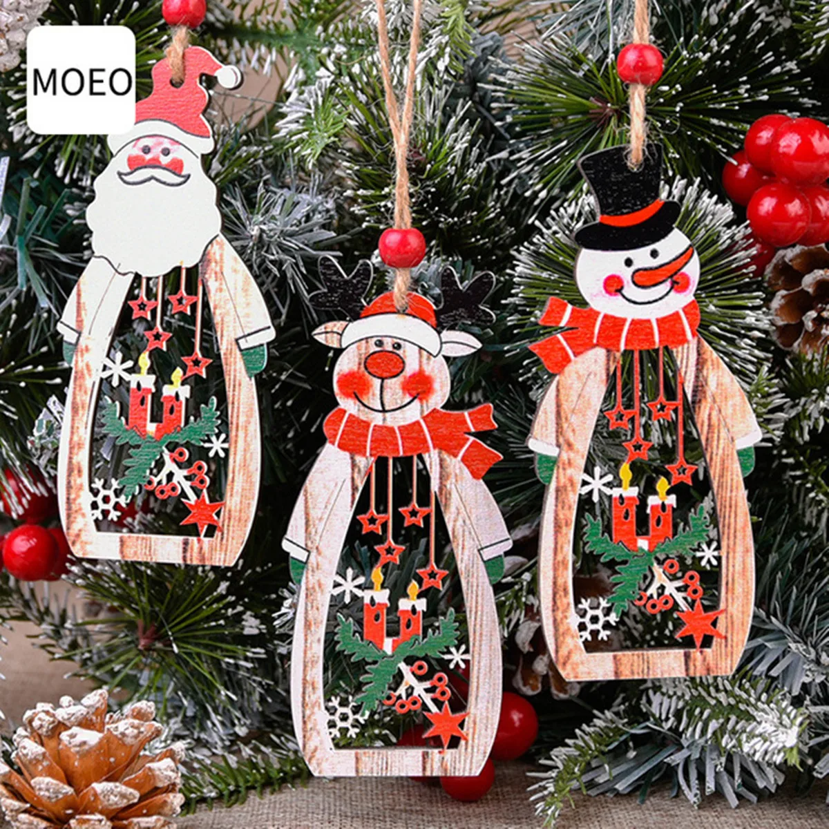 3PCS Gifts Santa Claus Xmas Hanging Christmas Tree Decoration Wooden Ornaments 