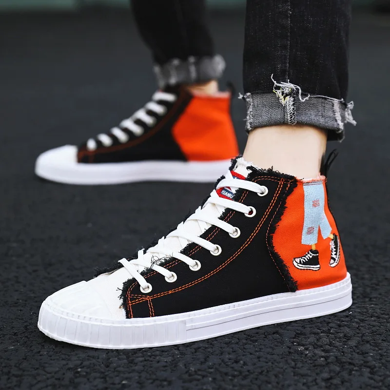 

Teenager Canvas Shoes Men's 2019 Autumn New Style Trend Versatile Hight-top Trendy Shoes Men's Graffiti Thin Casual Board Shoes