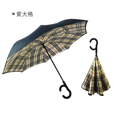 Man Umbrellas C Handle Windproof Women Sun and Rain invertido Paraguas Parapluie Reverse Umbrella Inverted Anti UV Umbrella - Цвет: yellow grid