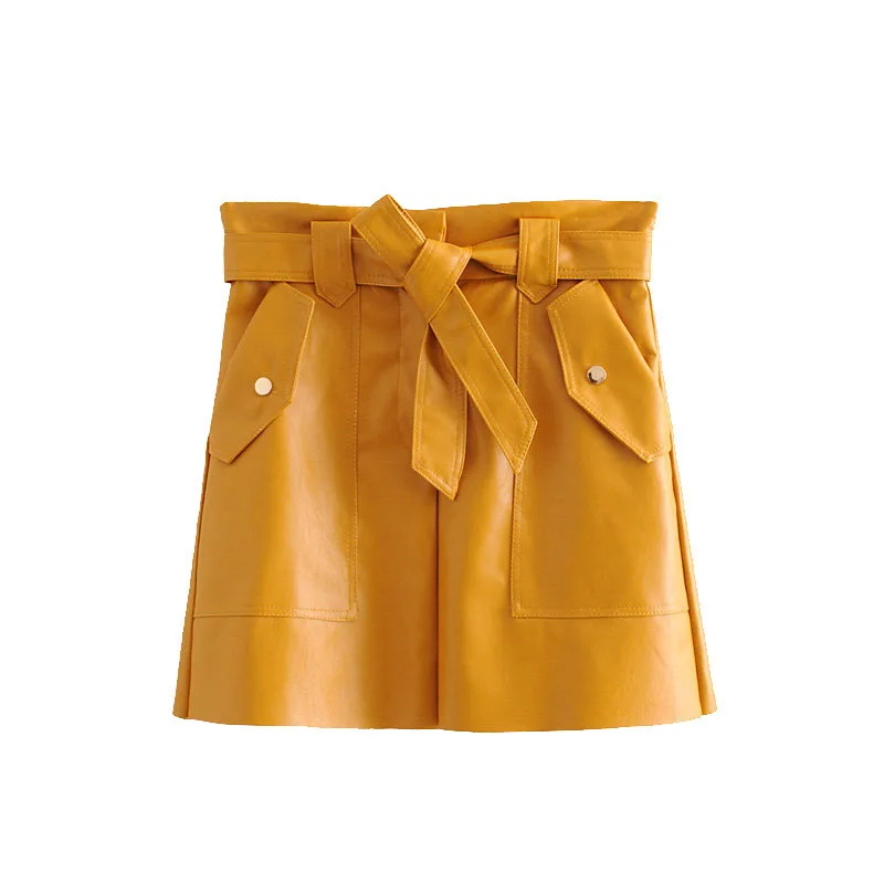 

Autumn New Products-Style Sense of Design Yellow Series Belt Leather Skirt High-waisted Slimming Short Skirt WOMEN'S Skirt