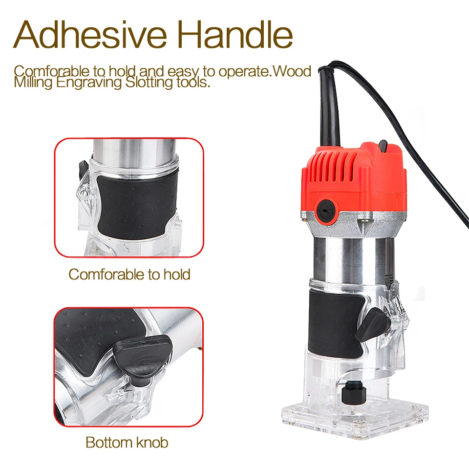 Haowook 220V / 110V 650W Woodworking Electric Trimmer Wood Milling Engraving Slotting Trimming Machine Hand Carving Wood Router