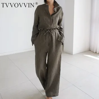 

TVVOVVIN 2020 Spring New Casual Fashion Temperament Women Loose Solid Color Long-sleeved Drawstring Belt Jumpsuit CPQB