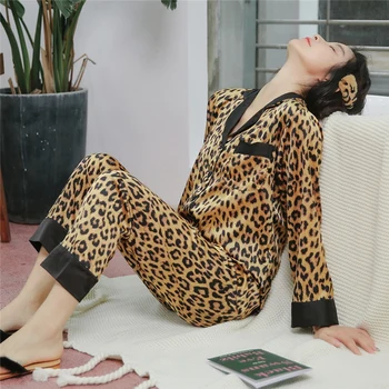 

Vintage Leopard Sleepwear Printed Pajamas Sets Negligee Sexy Lingerie Nightwear Pants Plus Size XXL Dressing Gown Home Clothes
