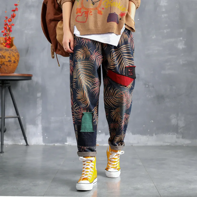 Wynne gadis Harajuku джинсы с принтом листьев эластичные повседневные брюки шаровары на талии ковбойские брюки