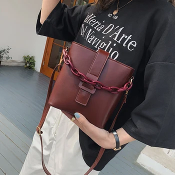 

Solid Color Women's Bucket Bags 2020 Winter Female Crossbody Messenger Shoulder Bag Lady PU Leather Casual Handbags Chain Tote
