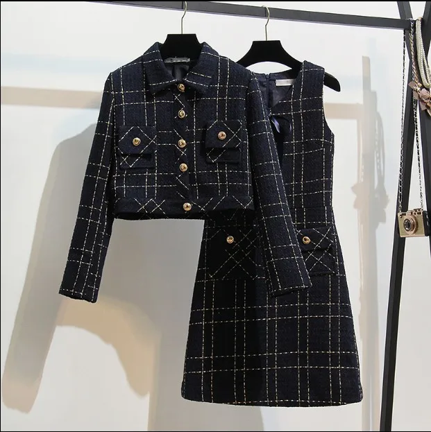 

2019 New Ins Women Autumn Small Fragrance Short Woolen Jacket Coat + Bowknot Tweed Tank Dress Two Piece Lady Elegant Dress Set