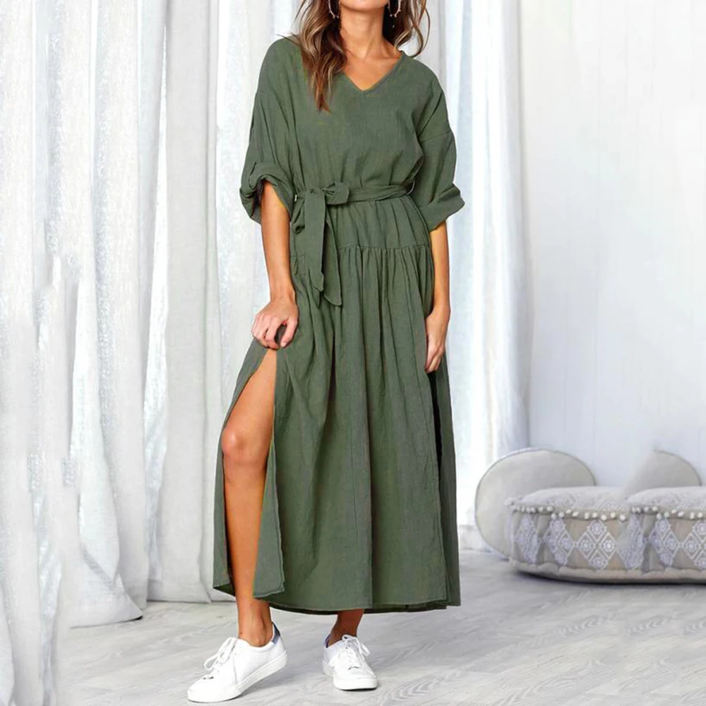

2019 Fashion Ladies Long Dresses Large Size Loose Long Sleeve Lace Up Autumn Casual Elegant Office Shirt Dress Party Dress